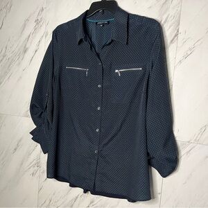 Jones New York Dotted Button Up Navy Blouse Top SZ 2X